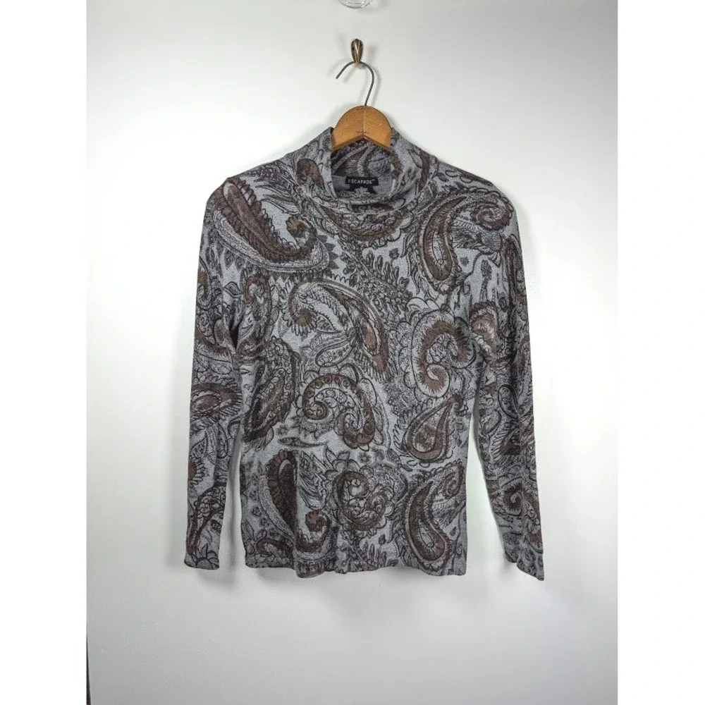 Knit Cashmere Angora Blend Sweater Size Medium Paisley Mock Neck Fairy Earthy